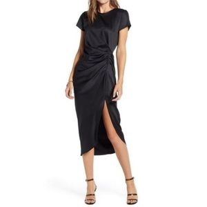 Something Navy Black Satin Draped Midi Dress